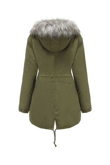Army Green Mid-Length Hooded Winter Warm Plus Fleece Coat